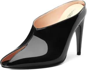 ROSERWISH Heeled Mules for Woman High Heel Mules Slip on Casual Slide Mules Square Toe Stiletto Heels Patent Comfortable Fashion Dress Shoes