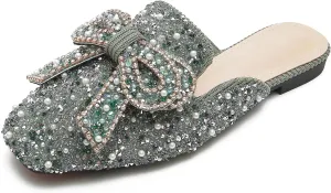 SAFECAMS Women's Rhinestone Bow Flat Mules Comfortable Square Toe Slip on Penny Loafers Ladies Baotou Clogs Half Slides Mules