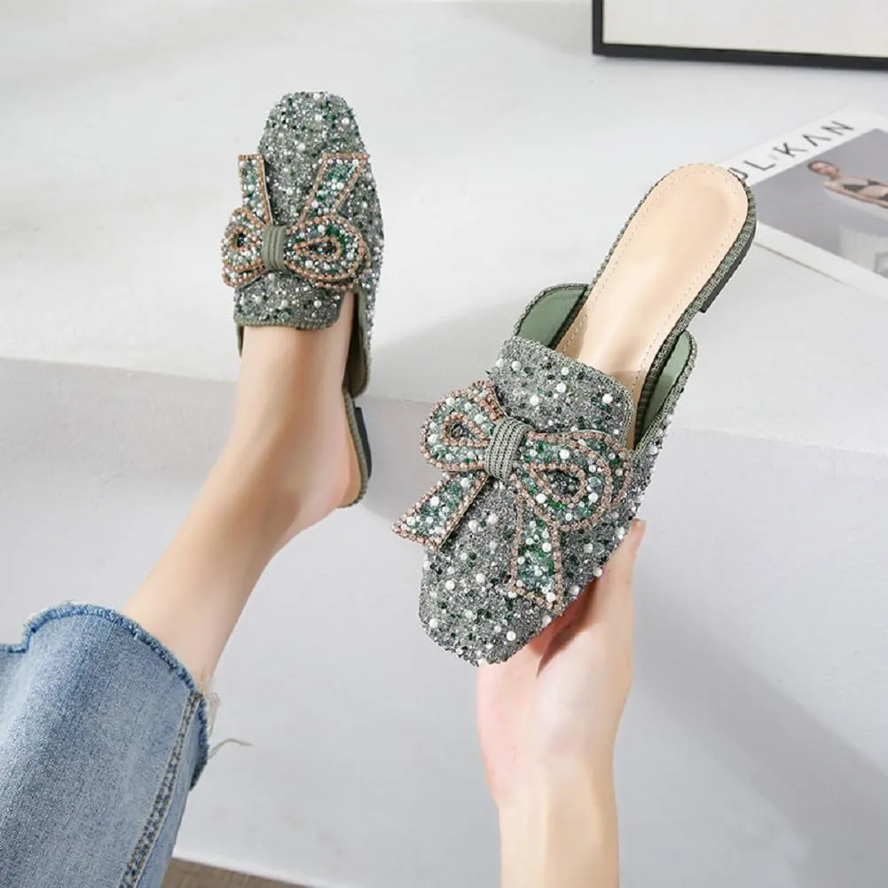 SAFECAMS Women's Rhinestone Bow Flat Mules Comfortable Square Toe Slip on Penny Loafers Ladies Baotou Clogs Half Slides Mules