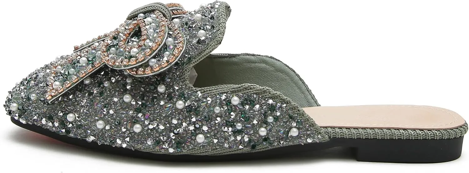 SAFECAMS Women's Rhinestone Bow Flat Mules Comfortable Square Toe Slip on Penny Loafers Ladies Baotou Clogs Half Slides Mules