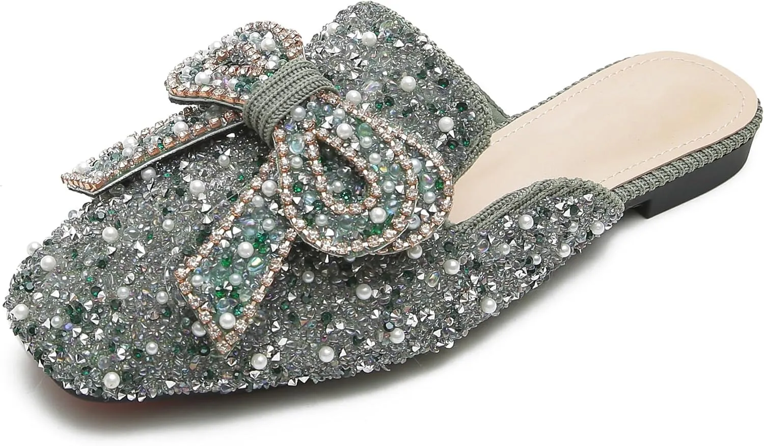 SAFECAMS Women's Rhinestone Bow Flat Mules Comfortable Square Toe Slip on Penny Loafers Ladies Baotou Clogs Half Slides Mules