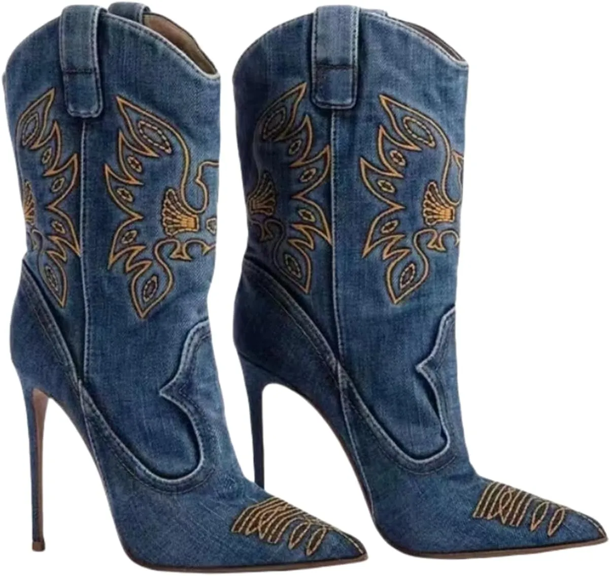 Saint Leia Women's Embroidered Western Cowboy Stiletto Heel Boots Pointed Toe Pull-Up Tabs Classic Cowgirl Dress Boot