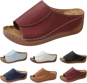 Sandals for Women 2025 Comfortable Arch Support Slides Summer Platform Wedge Sandals Solid Color Breathable Orthotic Leather Shoes Casual Slip on All Day Walking Sandal