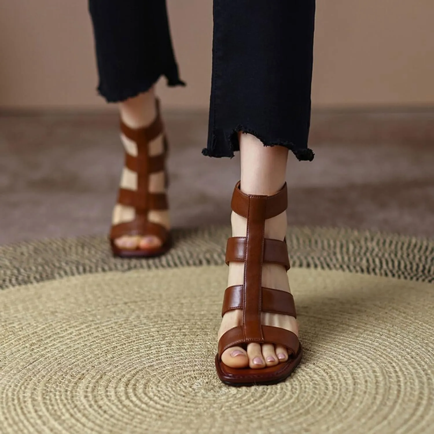 Sandals For Women Shoes Women Square Toe Cover Heel Sandals Split Leather Chunky Heel High Heels Women Sandals