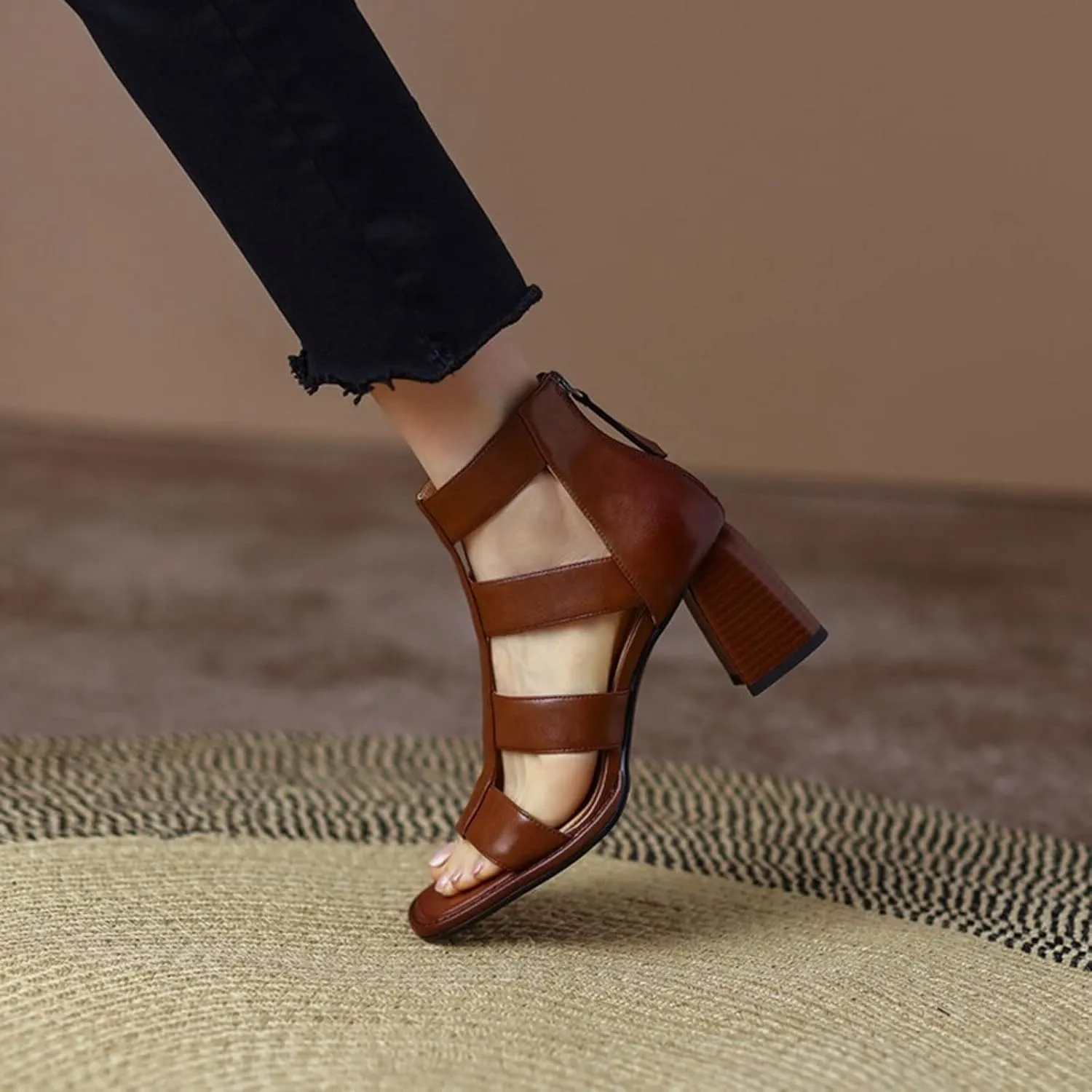 Sandals For Women Shoes Women Square Toe Cover Heel Sandals Split Leather Chunky Heel High Heels Women Sandals