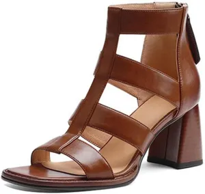 Sandals For Women Shoes Women Square Toe Cover Heel Sandals Split Leather Chunky Heel High Heels Women Sandals