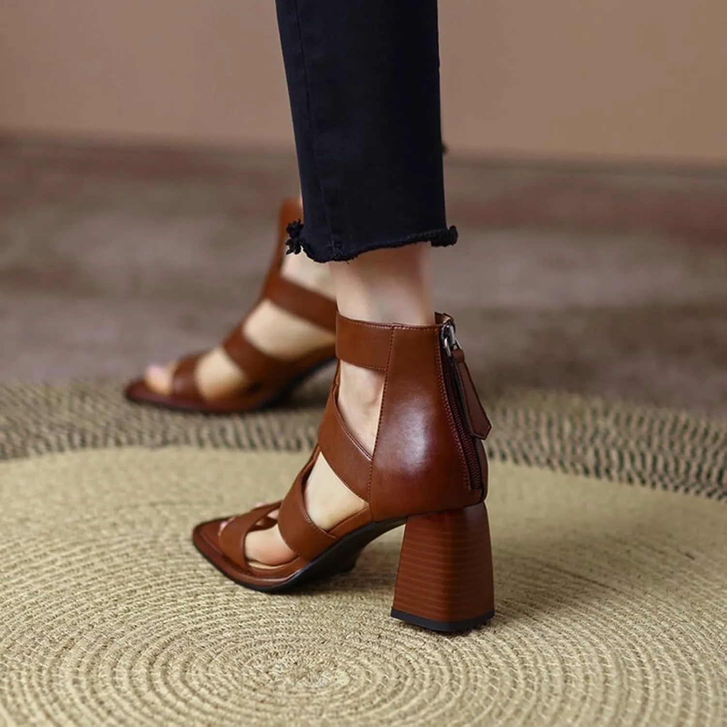 Sandals For Women Shoes Women Square Toe Cover Heel Sandals Split Leather Chunky Heel High Heels Women Sandals