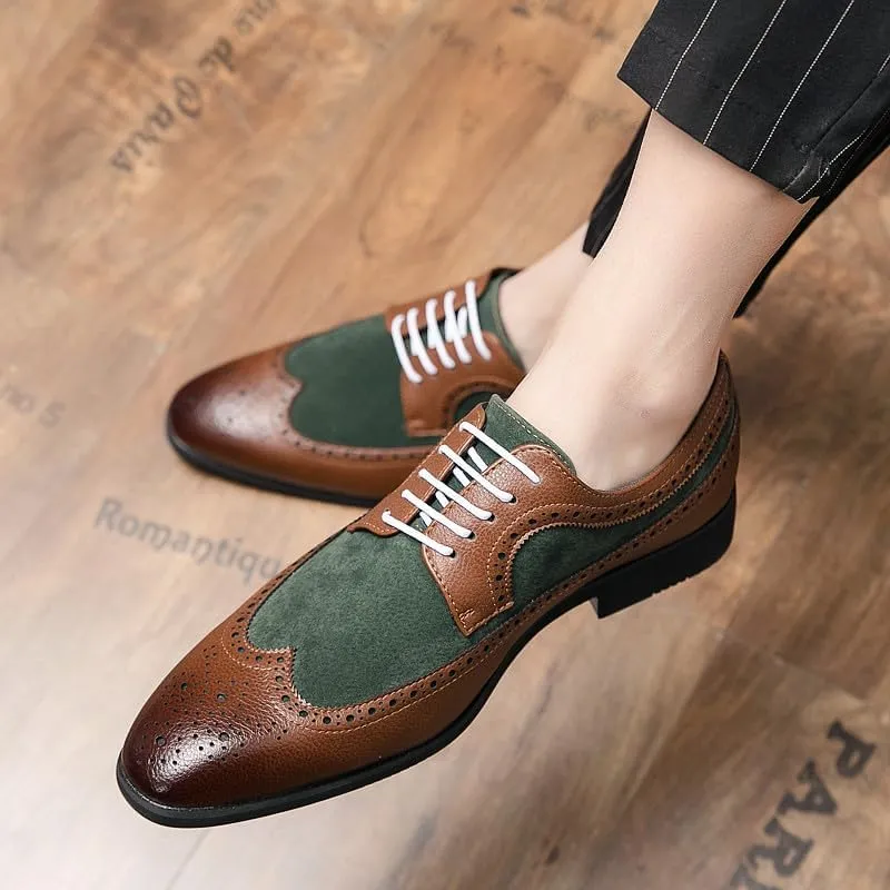 Santimon Mens Wingtip Two Tone Oxfords Perforated Duo-Texture Lace-up Brogues Patchwork Color Matching Punched Wedding Shoes