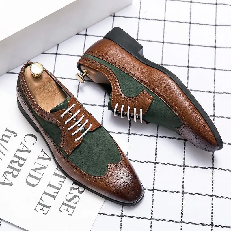 Santimon Mens Wingtip Two Tone Oxfords Perforated Duo-Texture Lace-up Brogues Patchwork Color Matching Punched Wedding Shoes