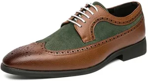 Santimon Mens Wingtip Two Tone Oxfords Perforated Duo-Texture Lace-up Brogues Patchwork Color Matching Punched Wedding Shoes