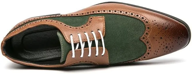 Santimon Mens Wingtip Two Tone Oxfords Perforated Duo-Texture Lace-up Brogues Patchwork Color Matching Punched Wedding Shoes