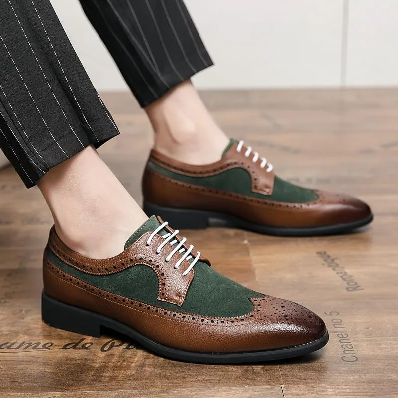 Santimon Mens Wingtip Two Tone Oxfords Perforated Duo-Texture Lace-up Brogues Patchwork Color Matching Punched Wedding Shoes