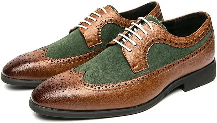Santimon Mens Wingtip Two Tone Oxfords Perforated Duo-Texture Lace-up Brogues Patchwork Color Matching Punched Wedding Shoes