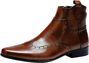 Santimon Men's Zipped Ankle Pointed Toe Brogue Wing Tip Formal Dress Leather Boots Black Brown