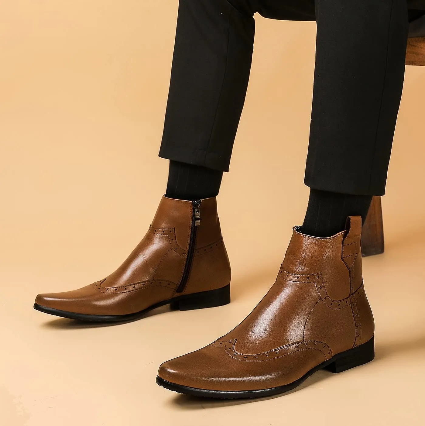Santimon Men's Zipped Ankle Pointed Toe Brogue Wing Tip Formal Dress Leather Boots Black Brown