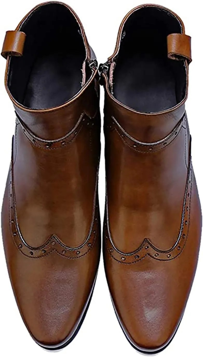 Santimon Men's Zipped Ankle Pointed Toe Brogue Wing Tip Formal Dress Leather Boots Black Brown