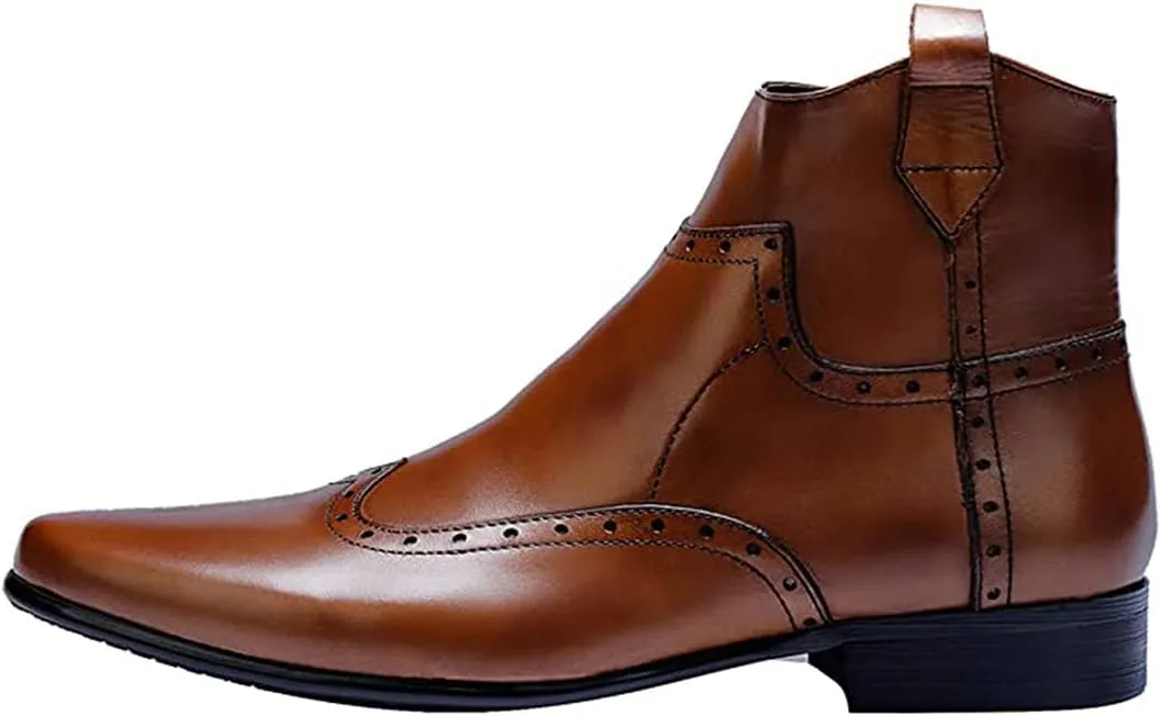 Santimon Men's Zipped Ankle Pointed Toe Brogue Wing Tip Formal Dress Leather Boots Black Brown