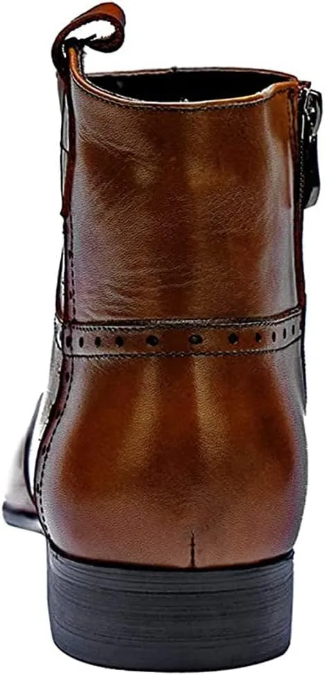 Santimon Men's Zipped Ankle Pointed Toe Brogue Wing Tip Formal Dress Leather Boots Black Brown