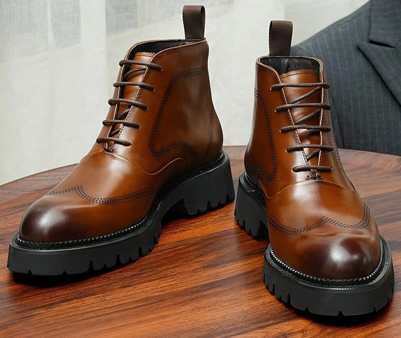 Santimon Oxfords Boots Men Formal Dress Ankle Boots Wingtip Brogues Genuine Leather Chelsea Boots Fashion Tuxedo Wedding Business Causal Wide Prom Chukka Boots for Men