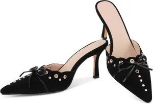 SaraIris Women's Black Mules Heels Pointed Toe Studded Slingback High Heel
