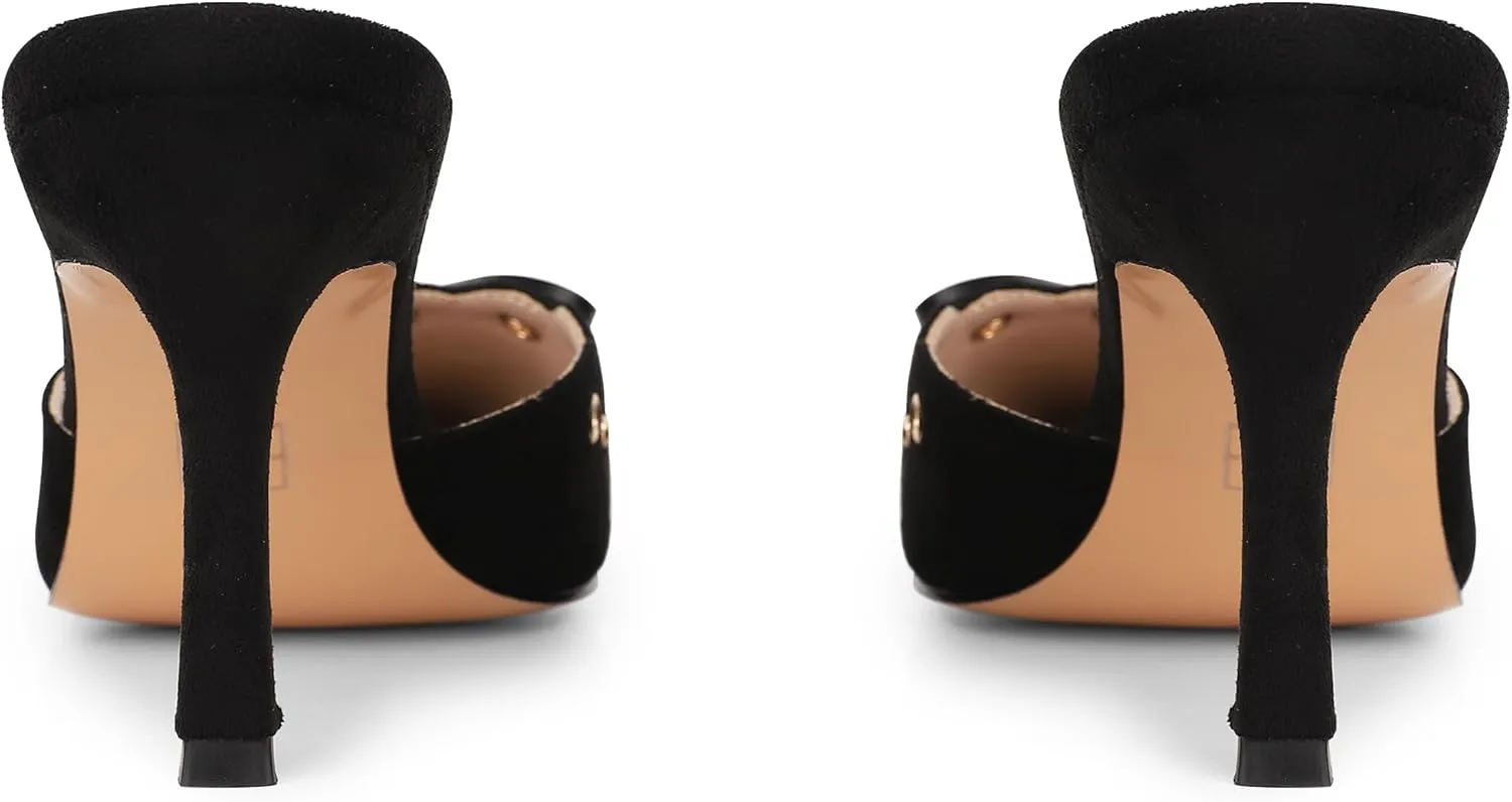 SaraIris Women's Black Mules Heels Pointed Toe Studded Slingback High Heel