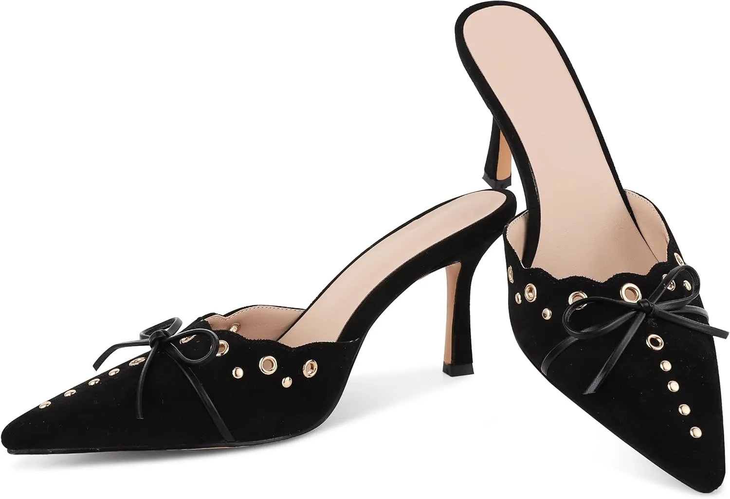 SaraIris Women's Black Mules Heels Pointed Toe Studded Slingback High Heel