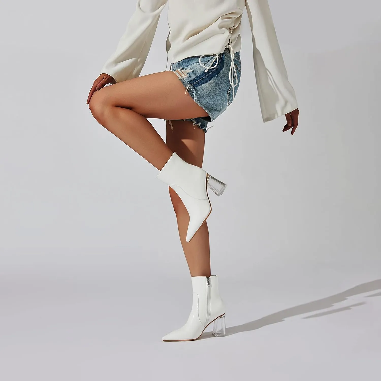 SEIFIN Women's Clear Block Heel Patent Leather Ankle Boots Pointed Toe Chunky High Heels Side Zipper Short Gogo Bootie Shoes