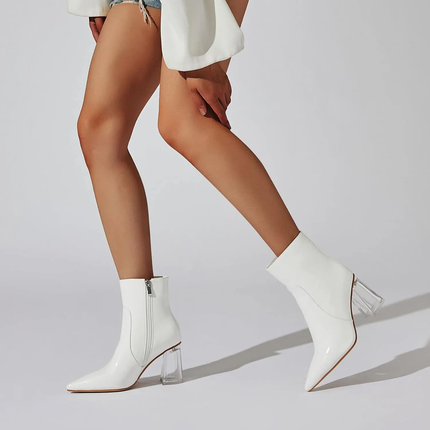SEIFIN Women's Clear Block Heel Patent Leather Ankle Boots Pointed Toe Chunky High Heels Side Zipper Short Gogo Bootie Shoes