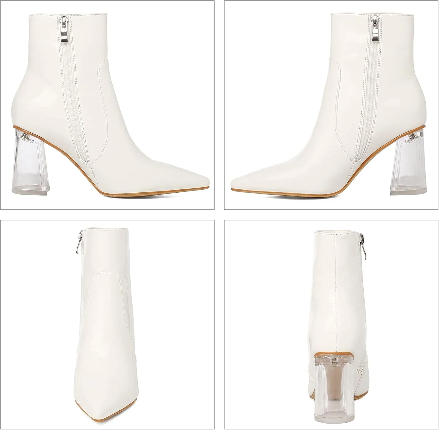 SEIFIN Women's Clear Block Heel Patent Leather Ankle Boots Pointed Toe Chunky High Heels Side Zipper Short Gogo Bootie Shoes