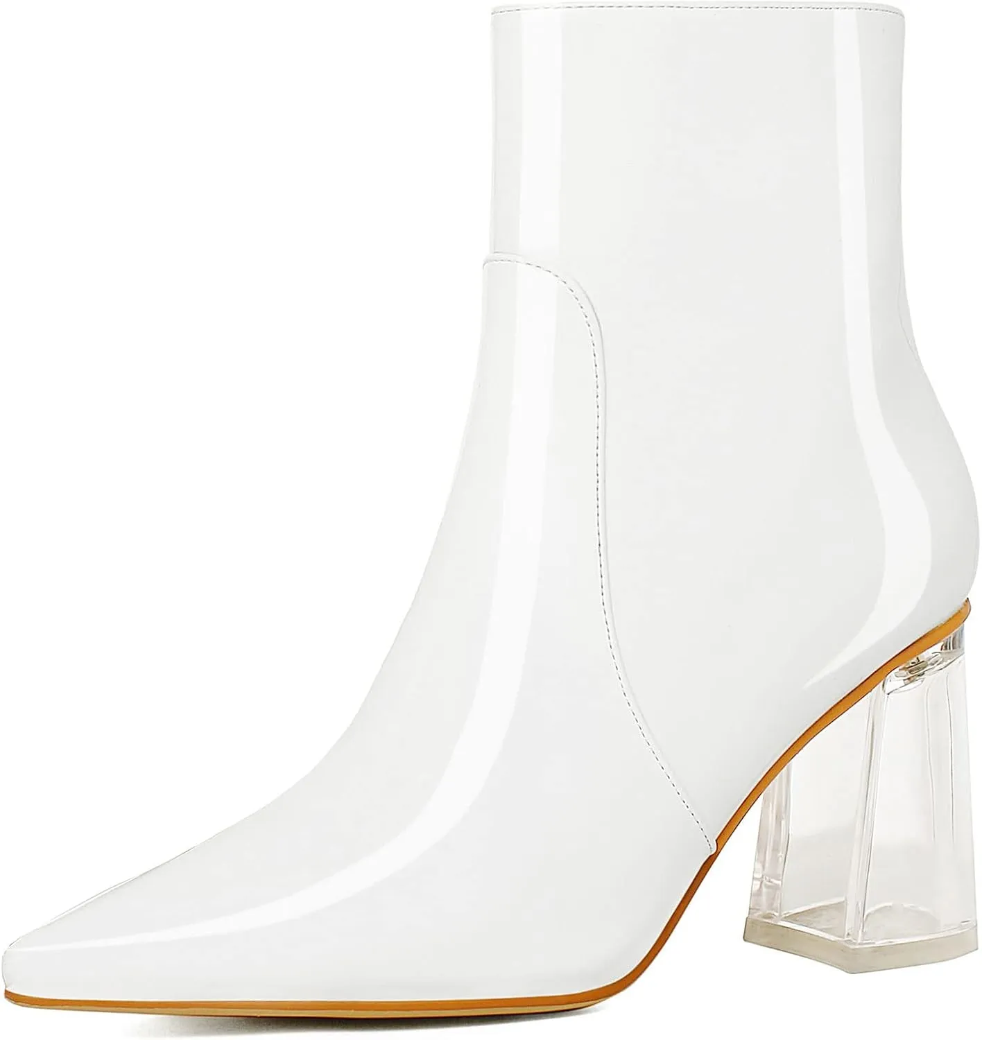 SEIFIN Women's Clear Block Heel Patent Leather Ankle Boots Pointed Toe Chunky High Heels Side Zipper Short Gogo Bootie Shoes