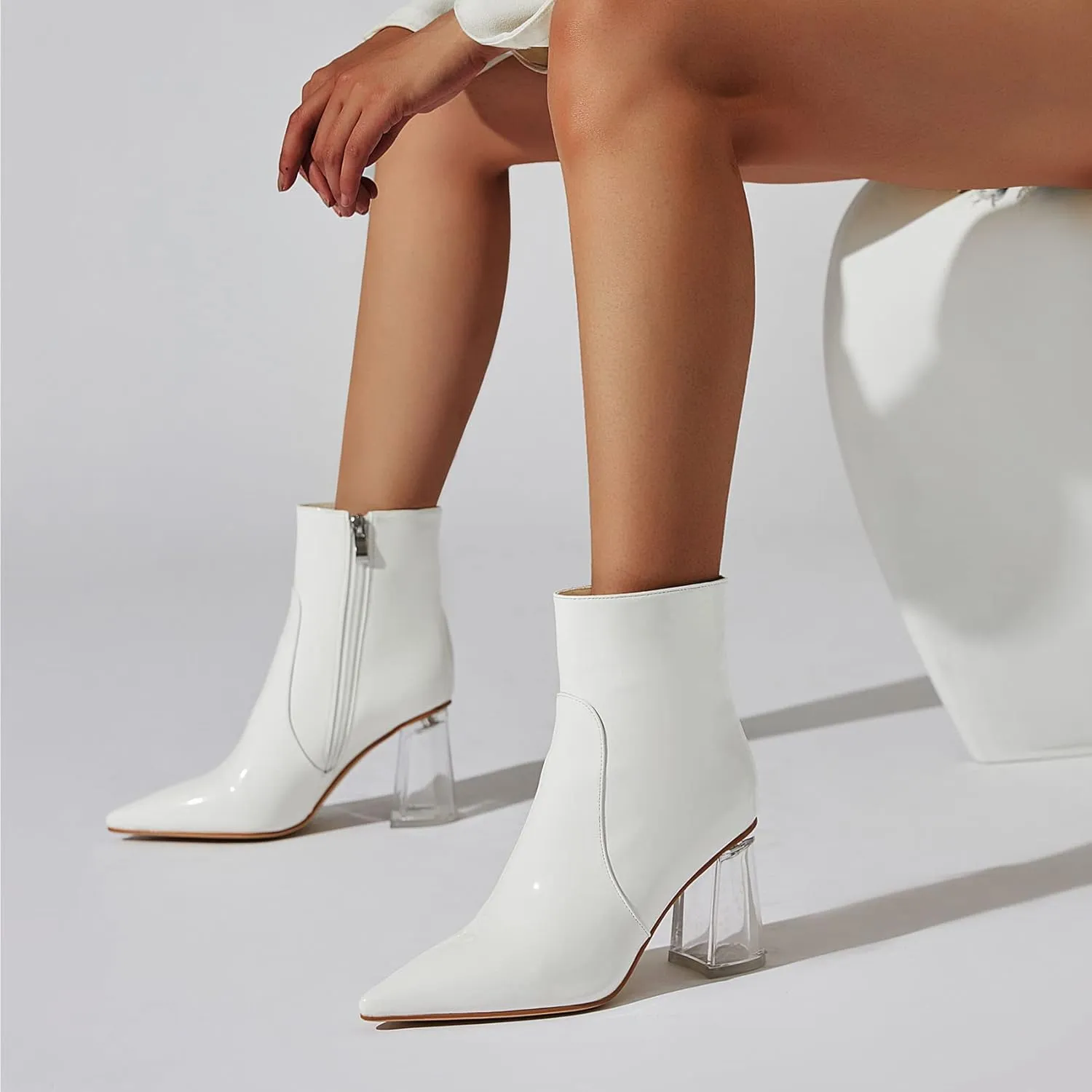 SEIFIN Women's Clear Block Heel Patent Leather Ankle Boots Pointed Toe Chunky High Heels Side Zipper Short Gogo Bootie Shoes