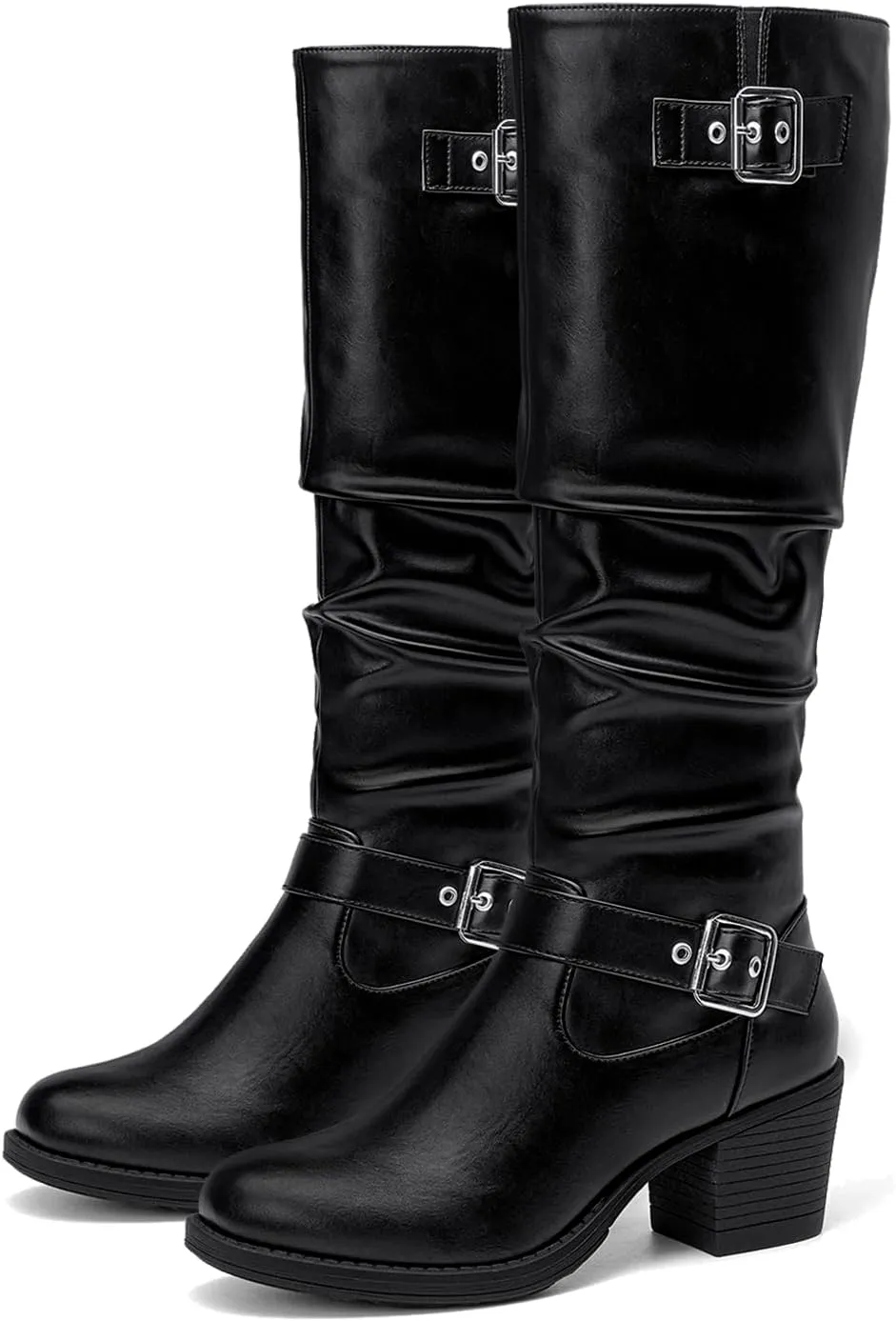 SelenePair Women's Knee High Boots Fashion Round Toe Buckle Strap Slouchy Mid Chunky Block Heel Boot