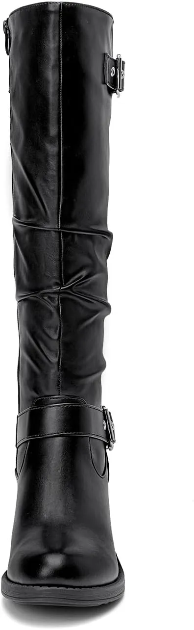 SelenePair Women's Knee High Boots Fashion Round Toe Buckle Strap Slouchy Mid Chunky Block Heel Boot