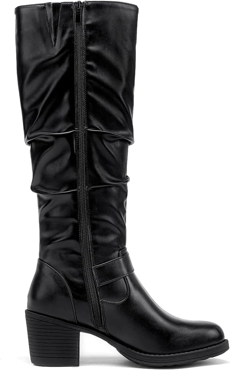 SelenePair Women's Knee High Boots Fashion Round Toe Buckle Strap Slouchy Mid Chunky Block Heel Boot