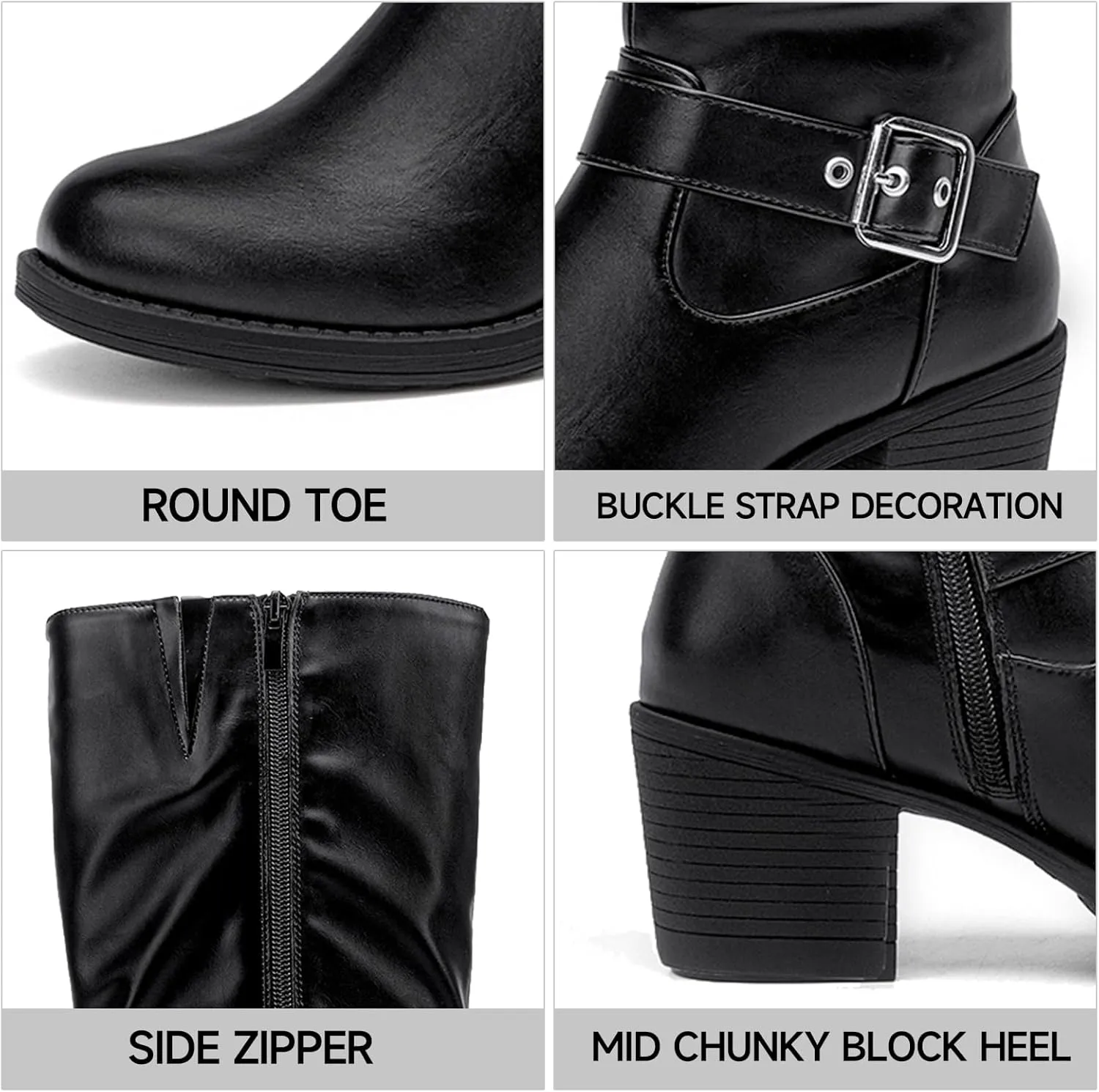 SelenePair Women's Knee High Boots Fashion Round Toe Buckle Strap Slouchy Mid Chunky Block Heel Boot