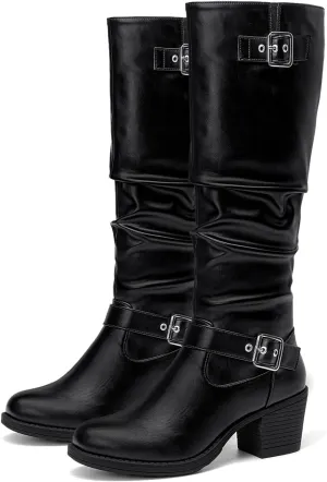 SelenePair Women's Knee High Boots Fashion Round Toe Buckle Strap Slouchy Mid Chunky Block Heel Boot