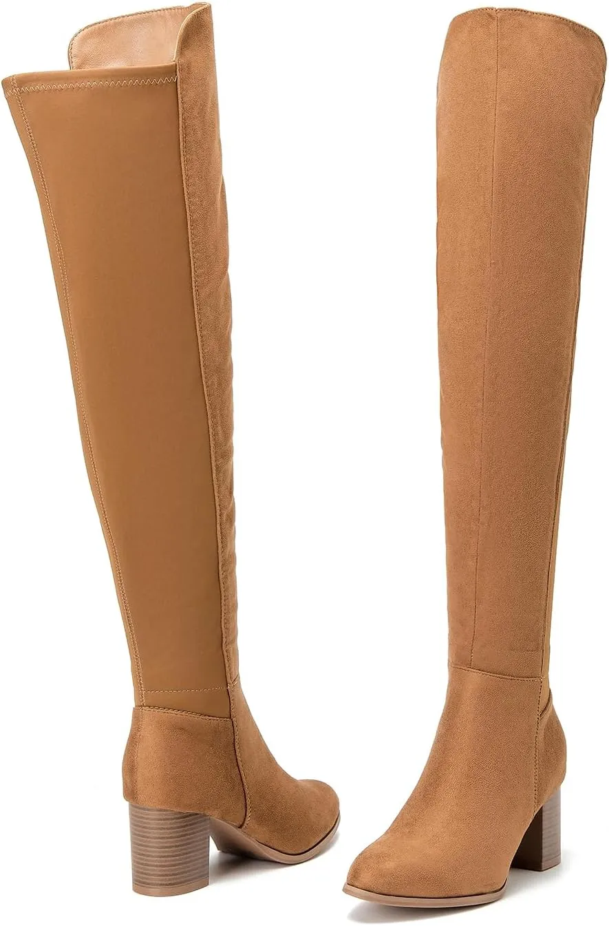 SelenePair Women's Over The Knee Boots Stretch Thigh High Block Mid Heel Boot Fashion Side Zip Winter Boots