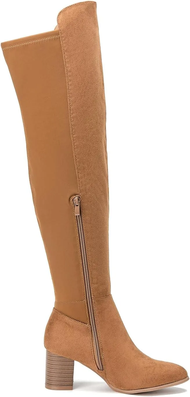 SelenePair Women's Over The Knee Boots Stretch Thigh High Block Mid Heel Boot Fashion Side Zip Winter Boots