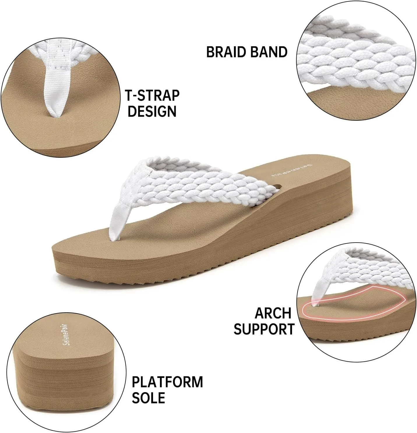 SelenePair Women's Platform Flip Flops Comfortable Arch Support Rhinestone Braid Summer Beach Slide Sandals Soft Woven Strap Slip On Lightweight Casual Walking Thong Sandals