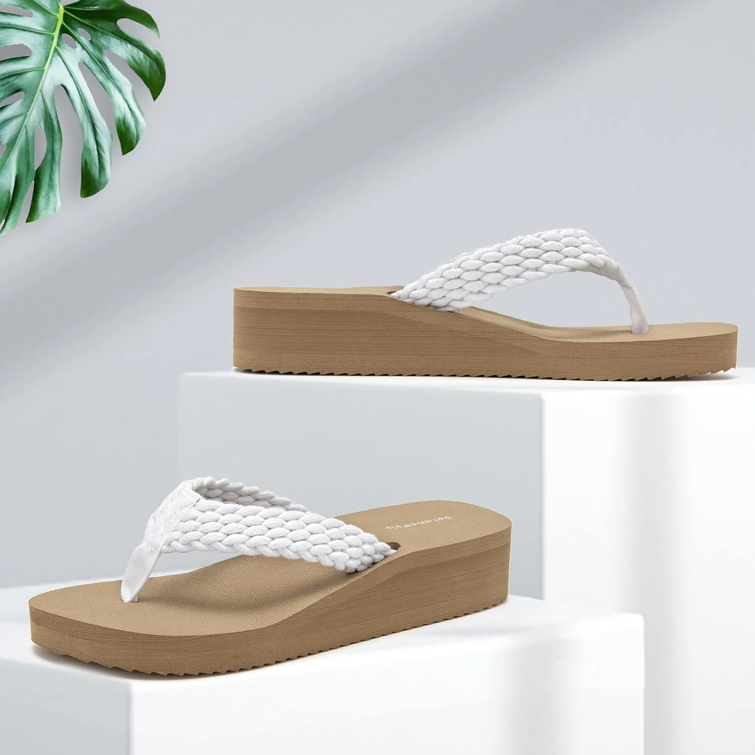 SelenePair Women's Platform Flip Flops Comfortable Arch Support Rhinestone Braid Summer Beach Slide Sandals Soft Woven Strap Slip On Lightweight Casual Walking Thong Sandals