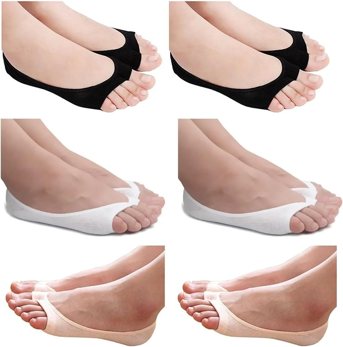 seven wolves Womens Peep Toe Socks 6 Pairs, Toeless Cotton No Show Socks Non Slip Shoe Liner