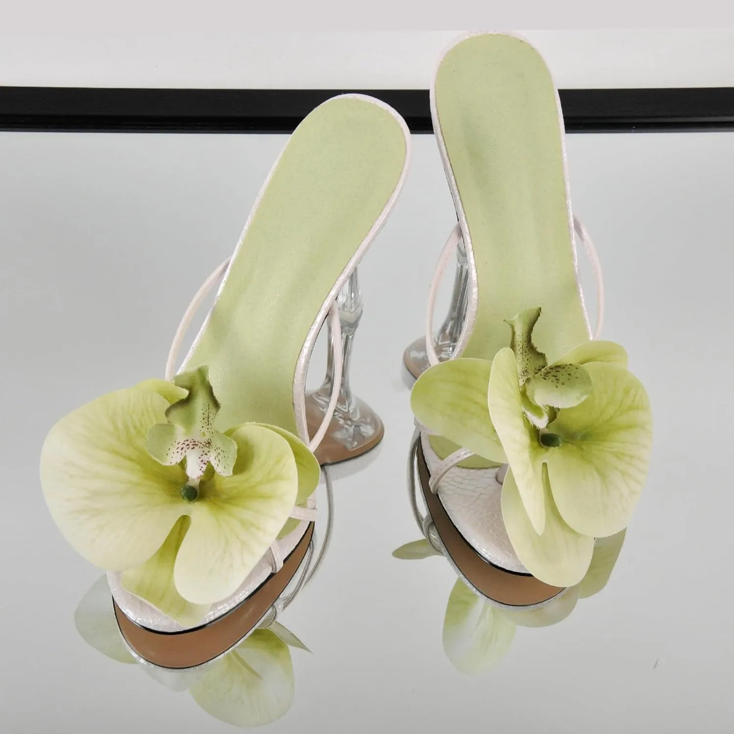 sexytag Clear Kitten Heels Floral Print Thong Sandals Slip On Flower Stiletto Heels Open Toe Mules