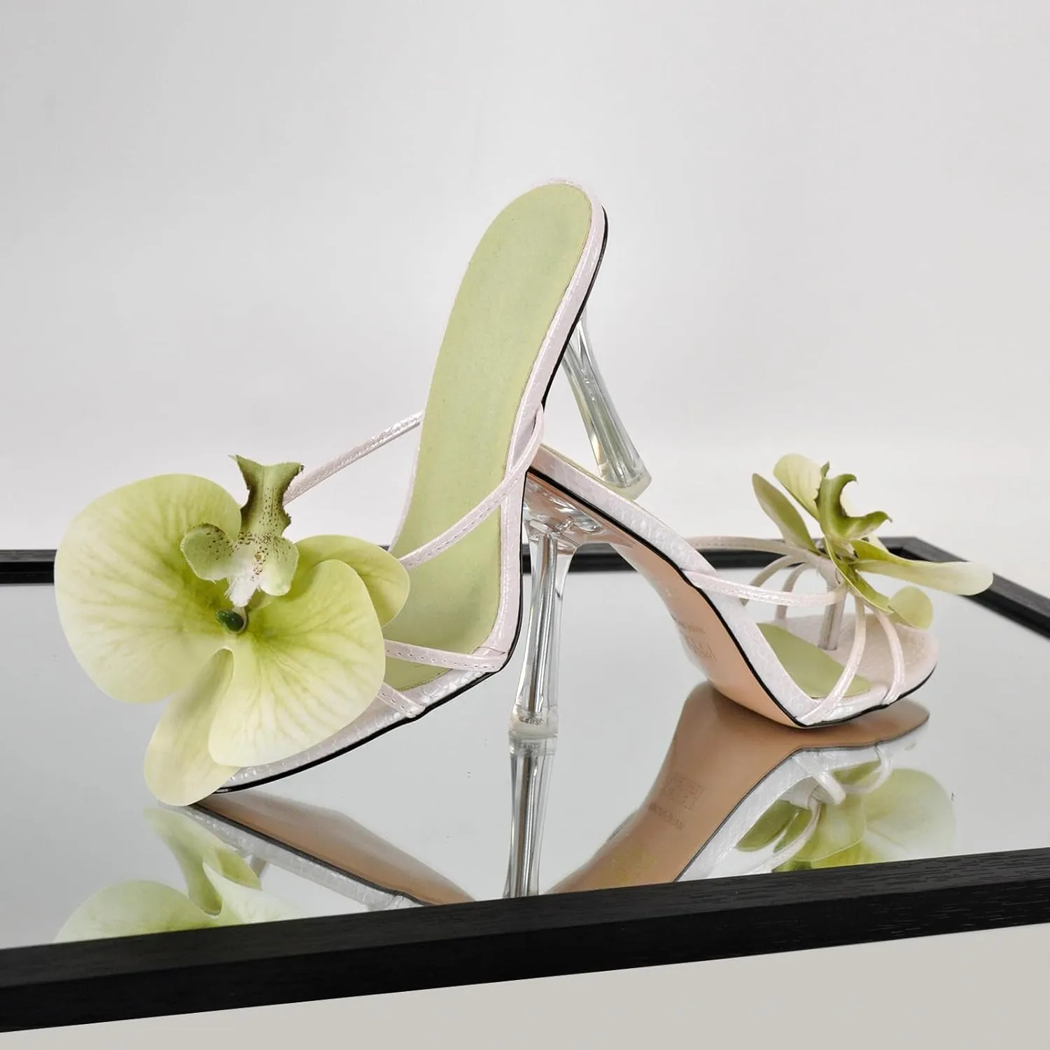 sexytag Clear Kitten Heels Floral Print Thong Sandals Slip On Flower Stiletto Heels Open Toe Mules
