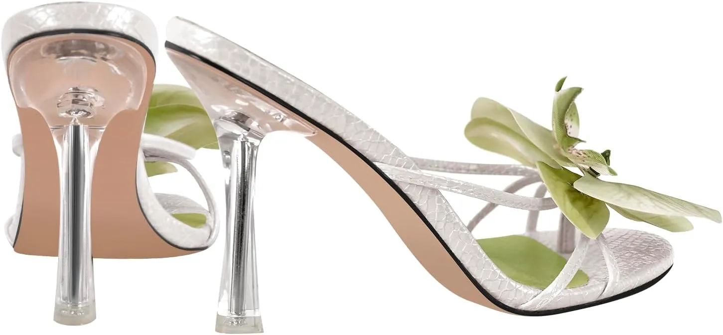 sexytag Clear Kitten Heels Floral Print Thong Sandals Slip On Flower Stiletto Heels Open Toe Mules