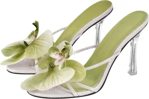 sexytag Clear Kitten Heels Floral Print Thong Sandals Slip On Flower Stiletto Heels Open Toe Mules
