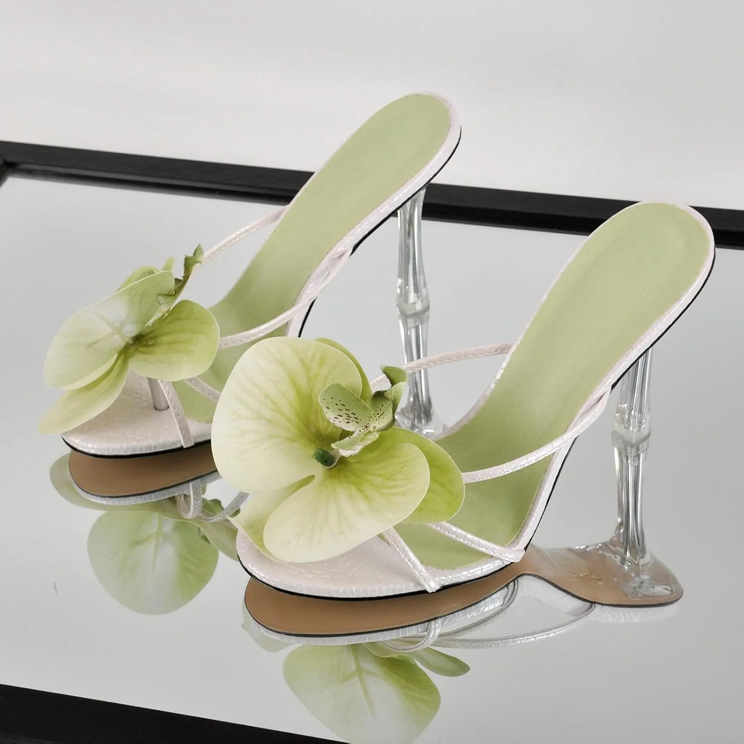 sexytag Clear Kitten Heels Floral Print Thong Sandals Slip On Flower Stiletto Heels Open Toe Mules