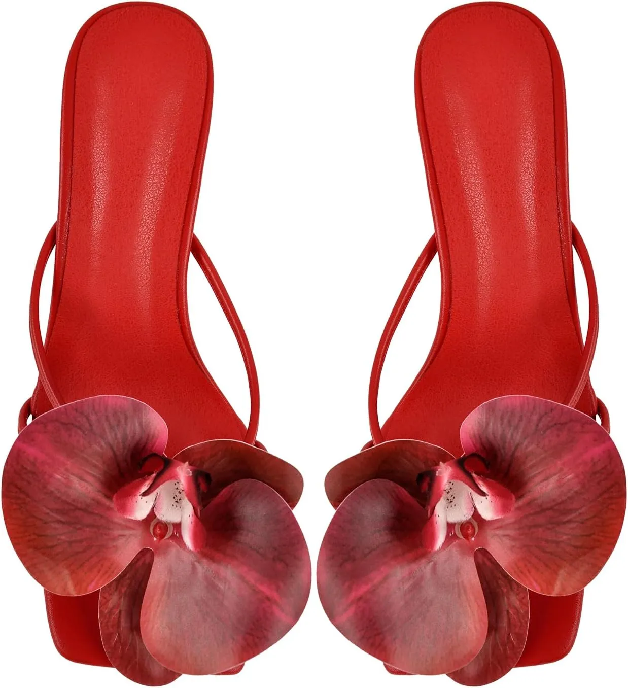 sexytag Clear Kitten Heels Floral Print Thong Sandals Slip On Flower Stiletto Heels Open Toe Mules