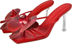 sexytag Clear Kitten Heels Floral Print Thong Sandals Slip On Flower Stiletto Heels Open Toe Mules