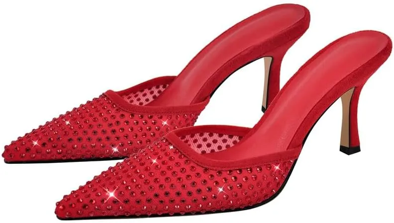 sexytag Rhinestone Mesh Kitten Heels for Women Slip On Mules Pointed Toe Pumps