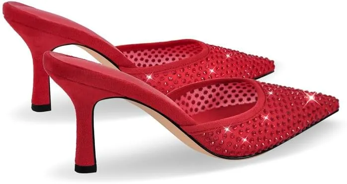 sexytag Rhinestone Mesh Kitten Heels for Women Slip On Mules Pointed Toe Pumps
